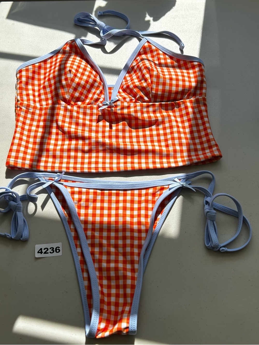 ZAFUL Bikini Tankini Set L Orange White Gingham Halter Top Tie Side Bottoms